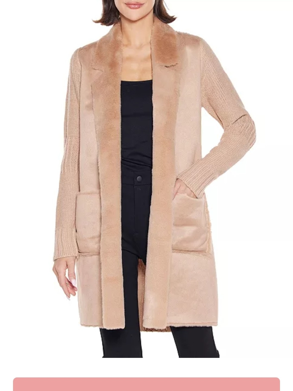 Belldini Long Plush-Trim Cardigan in Blush Porcini Pink